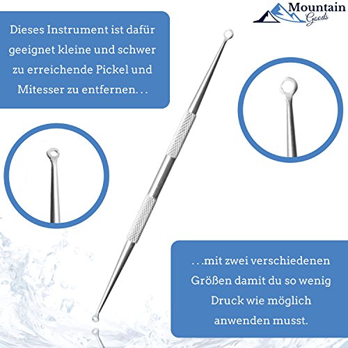 Mitesserentferner | Nummer eins aus dem Testbericht | Das Original von MountaingGoods | 5-teiliges Mitesser,- Pickelentferner Set | E-Book: 7 Tipps für eine gesunde und schöne Haut | Komplettes Profi Set aus 5 verschiedenen Instrumenten | Mitesserentferner – Komedonenquetscher | Behandlung fÙr Pickel, Mitesser und Pusteln | FÙr unreine Haut | Speziell geformte Werkzeuge | Mit Anleitung in Form eines eBooks fÙr die richtige Anwendung | Qualitativ hochwertige Instrumente mit edler Ledertasche - 4