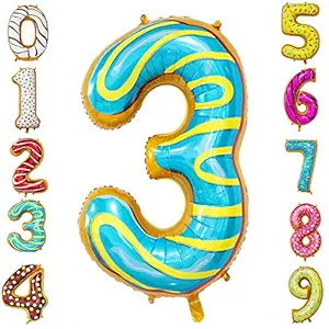 Tellpet Number 3 Balloon, 3rd Birthday Party Foil Mylar Number Balloons for Kid Girl Boy, Donut, 40 Inch