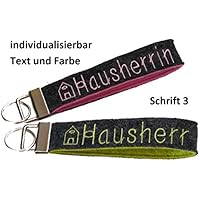 Schlüsselanhänger Schlüsselband aus Wollfilz mit Stickerei von individuellem TextWunschtext Wunschname in verschiedenen Farben für Hausherr Hausherrin Bauherr Bauherrin Filz