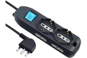 Electraline 62050 Multipresa 6 Posti 2 Schuko e 4 Bivalenti 10/16A, Cavo HO5 VV-F, Spina 16A, Nero, 3 M