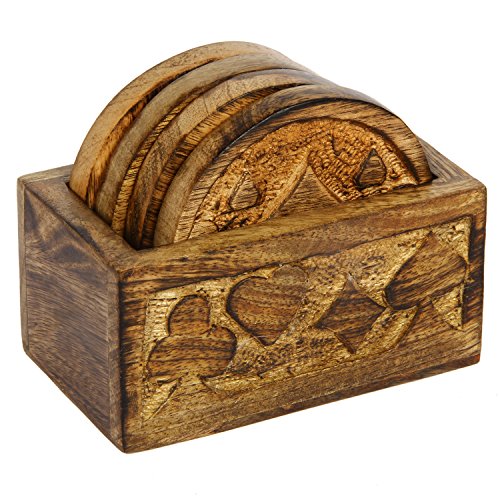 icrafts Set von 4 Mangoholz Getränke Untersetzer mit Halter 10,2 cm ? Handarbeit Casino Untersetzer für Gläser/Bar & Esstisch Zubehör/Bier Dosen