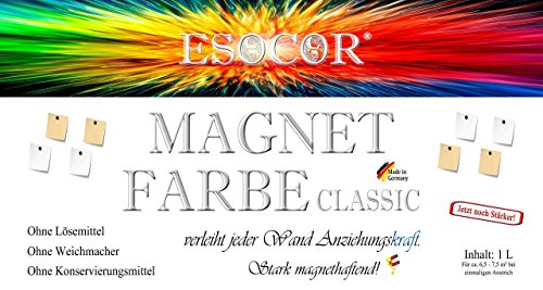 Jetzt noch stärker! 1 Liter Esocor® Magnetfarbe classic + 5 Neodym- Test Magnete Gratis – verleiht jeder Wand Anziehungskraft – stark magnethaftend – sehr Allergikerfreundlich – Ohne Konservierungsmittel – Ideal für sensible Innenräume - 4