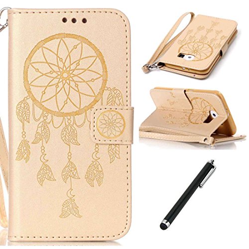 Samsung Galaxy S6 Edge Case,Leather Case for Samsung Galaxy S6 Edge,Flip Case for Samsung Galaxy S6 Edge,Beddouuk Luxury Creative Pressed Pattern Flip PU Leather Wallet with Credit Card Slots Stand Function Magnetic Closure Wrist Strap for Samsung Galaxy S6 Edge,Campanula Gold