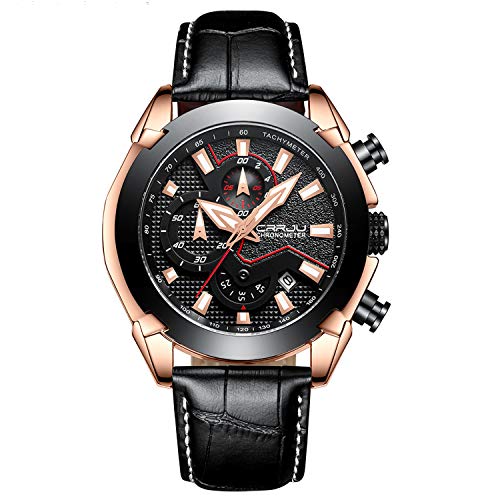 Relojes Hombres Moda Vestido Casual Negro Cuero Impermeable Relojes Deporte Cronógrafo Reloj Oro Negro Cuarzo Reloj