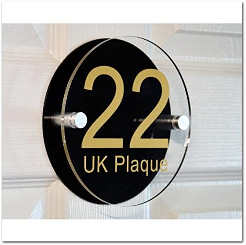 Round Double Paste GOLD TEXT Effect | Modern Design Personalised Crystal Clear Plaque &amp; Black Acrylic Decorative Back Plate House Numbers Signs | Street Name Signs | House Name Plaques | House signs | Door Plaques (6 Font Styles To Choose)