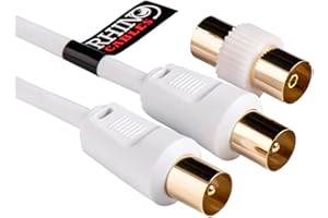 rhinocables Coaxial TV Aerial Cable with Gold-Plated Connectors | Male to Male RF Coax Lead with Female Adapter | Universal Compatibility for HD/Standard TVs & Satellite Receivers (5m, White)