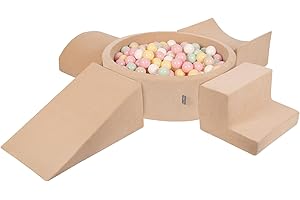 KiddyMoon Velvet Aire De Jeux En Mousse Avec Rond Piscine À Balles (300 Balles)Fosses À Boules Pour Enfants Jouets Parcours Obstacles, Beige Sableux:Beige Pastel/Jaune Pastel/Blanc/Menthe/Rose Poudré