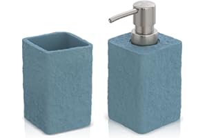 Inbagno Set Accessori Bagno 2 Pezzi Effetto Pietra Turchese Cobalto, Dispenser e portaspazzolini, in Resina (Set 2)