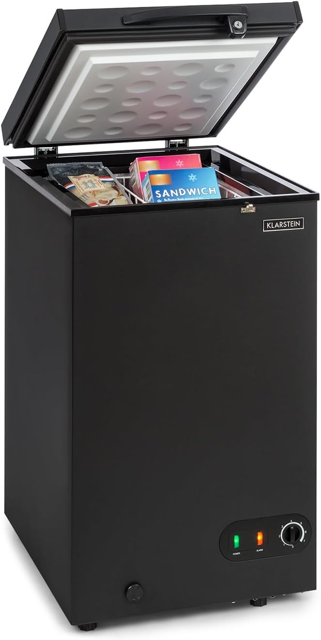 Klarstein Free Standing Chest Freezer Fridge, Compact Mini Freezer for Bedrooms, Home & Office, 78L Compact Chest Freezer, Energy Efficient Upright Small Freezer UK with Removable Hanging Basket