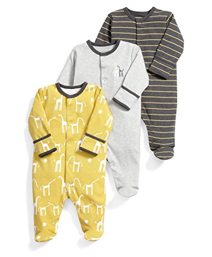 Mamas & Papas Baby-Boys Mamas And Papas 3 Pack Giraffe All In One Long Sleeve Set of 3 Footies, Yellow (Mustard), 3-6 Months
