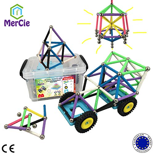 Bloques de construcción magnéticos ? 156 pzs : palos XL con imanes potentes, bolas de acero y ruedas de coche + caja de plástico de almacenamiento ? Gran creativo regalo para niños mayores de 3 años