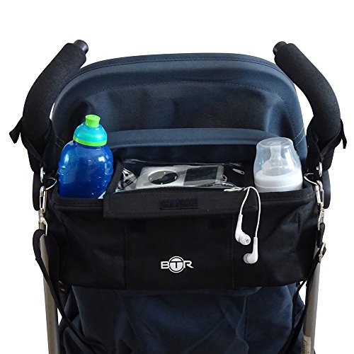 BTR Pram Buggy Buddy Stroller Organiser Storage Bag With Mobile phone holder & Rain cover - Black - Water Resistant