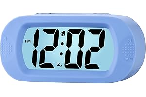 Plumeet Digital Alarm Clock Travel Clock with Snooze and Nightlight - Easy to Set Simple Bedside Alarm Clocks for Kids - Ascending Sound - Battery Powered (Baby Blue)