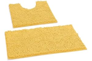 Bath Mat by LuxUrux, Luxury Chenille (2-Piece) Bath Mat Set, Soft Plush Anti-Slip Bath Rug + Toilet Mat.1'' Microfiber Shaggy Carpet, Super Absorbent (Curved Set, Yellow)
