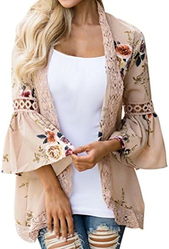 Kolylong Women Spring Summer Lace Floral Kimono Coat ✿ Open Cape Casual Coat Loose Blouse Jacket Cardigan (S, Khaki)