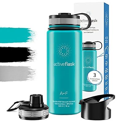 BeMaxx Fitness Gourde ACTIVE FLASK + 3 bouchons | Camping, running, vélo, sport, randonnée | Acier inoxydable, thermos isolation sous-vide | Sans BPA | 530 ml | Boisson Chaude & Fraîche | Café, thé, eau