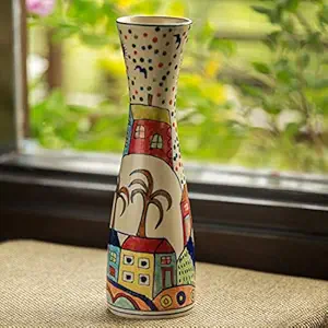 ExclusiveLane The Hut Long-Neck Hand-Painted Artifacts for Living Room & Home Decorative Ceramic Flower Vase (9.9 cm x 9.9 cm x 32 cm, Multicolored) (EL-006-086)