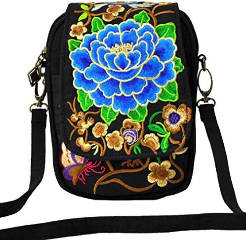 LazLake Women Ethnic Embroidered Shoulder Messenger Bag Handmade Crossbody Bag Boho Bags Canvas Handbag Phone Coin Purse MZ07 Blue