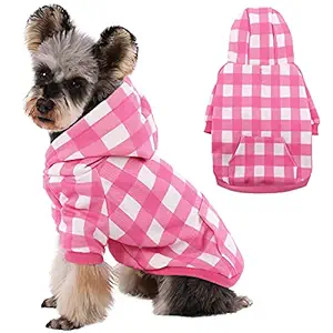 Kuoser Dog Hoodie Dog Sweaters with Hat, Classic Plaid Dog Warm Jacket Pet Clothes Sweaters Windproof Puppy Pullover Pet Winter Clothes for Small and Medium Dogs Cats with Harness Hole