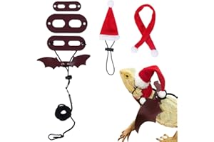 Skystuff Bearded Dragon Accessories 3 Size Leather Reptile Leash Outdoor Harness Leash with Bat Wings, Santa Claus Hat and Scarf for Lizard Reptiles Amphibians Small Pet Animals, Brown and Red