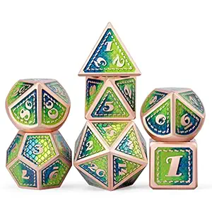 Metal DND Dice Set with Gift Metal Case DNDND 7 PCS Metallic Dungeons and Dragons Die for DND Game (Blue & Green with Matt Copper Edge)