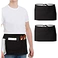HOOTO 2 Pack Waitress Apron with 3 Pockets Water resistant, Server Aprons with Long Straps, Waiter Short Half Waist Servers Apron 30cm Black