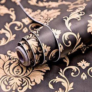 Wolpin Wall Stickers DIY Wallpaper (45 x 500 cm) Black Damask Luxury Self Adhesive Decals Living Room Bedroom Decoration, Black
