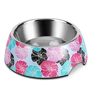 Flexzion Stainless Steel Dog Bowl Cat Dish - Anti-Slip Slip Resistant Rubber Base Pet Feeder, Dishwasher Safe & Rust Resistant with Removable Food Water Holder up to 24 Fl Oz (Hawaiian Flower)