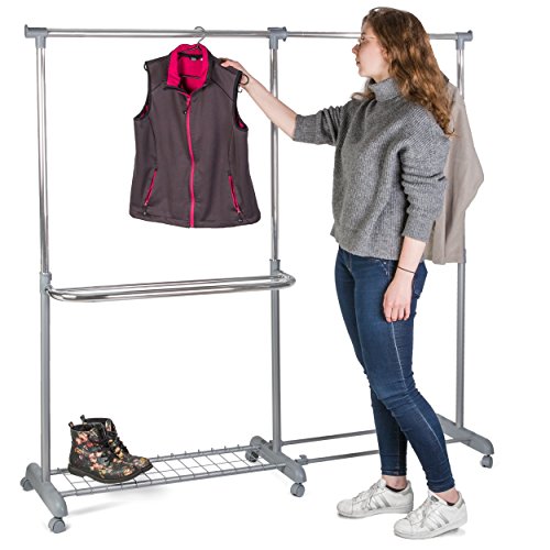 Oramics ausziehbarer und höhenverstellbarer Teleskop Garderobenständer mit Rollen und Schuhablage - 9