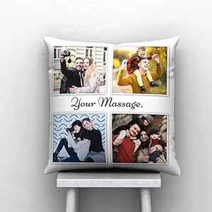 DREAMVIO Satin 4 Photo Personalized/Personalise Photo Cushion/Pillow with Filler and We Can Print Any Photo On Gifting Cushion for All Occasion Size - 16x16 inches (White )