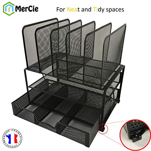 Organisateur de bureau en maille métal noir. Trieur ROBUSTE avec patins ANTIDERAPANTS et anti rayures.Design ELEGANT. Tiroir pour fournitures. Etagère 1 section horizontale et 5 verticales pour docs