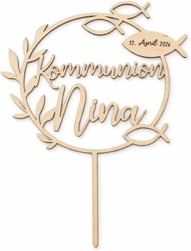 Birdart Box Communion, Confirmation, Confirmation Cake Topper with Name - Personalised Cake Topper Made of Environmentally Friendly Wood, Sturdy Cake Topper 15 cm Diameter (Communion Fish, Natural Wood)