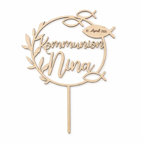 Birdart Box Communion, Confirmation, Confirmation Cake Topper with Name - Personalised Cake Topper Made of Environmentally Friendly Wood, Sturdy Cake Topper 15 cm Diameter (Communion Fish, Natural Wood)