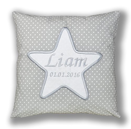 Amilian® Kissen 40 x 40 cm mit Namen Datum STAR weiß M02