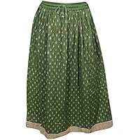 Mogul Interior Lola Womens Maxi Skirt Flare Printed Vintage A-Line Golden Boder Boho Long Maxi Skirts S/M/L (Green)