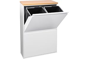 Arregui Basic-E CR601-B37 Cubo de basura y reciclaje de acero de 4 cubos con encimera de madera, mueble de reciclaje, 4 x 17 L (68 L), blanco con encimera roble trigo
