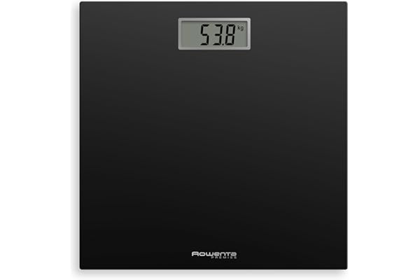 Rowenta Premiss - Báscula de baño con Pantalla LCD, diseño fino de 2cm de alto, hasta 150 kg y 100 gr precisión, encendido y apagado automático, Negro BS1400