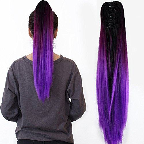 22" Claw on Ombre Two Tone Synthetic Long Straight Ponytail Hair Extensions Natural Black to Violet Purple