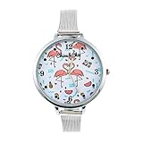 Souarts Damen Armbanduhr Einfach Mesh Metallarmband Flamingo Ananas Regenbogen Casual Analoge Quarz Uhr Silber Farbe (Flamingo 2)