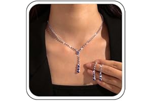 Inateannal Crystal Bridal Necklace Earrings Set Rhinestone Y Lariat Necklace Crystal Tassel Drop Earrings Gold Tennis Choker Necklace Bridal Jewelry Cubic Zirconia Necklace Wedding Prom Costume Sets