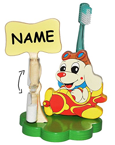 Preisvergleich Produktbild Unbekannt Zahnbürstenhalter / Zahnputzuhr - Hund im Flugzeug Incl. Name - mit Sanduhr + ..