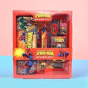 SPOCCO | Kids Cartoon Print Stationary Set for Girls Boys - with Pencil Case, Two Pencils Eraser, Scale, Sharpener and Crayon (Spider Man)