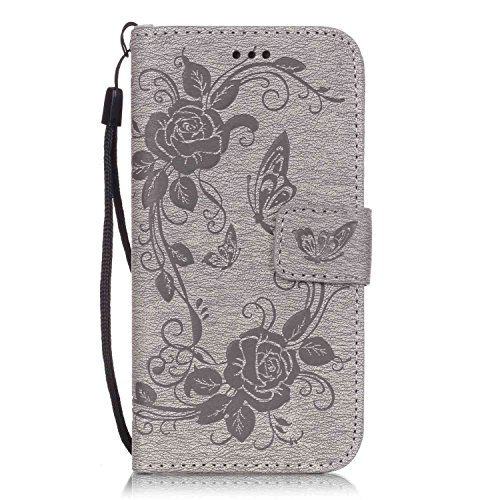 iPhone 6S / iPhone 6 Case Leather [with Free USB Charging Cable], ESSTORE-EU Elegant Butterfly Rose Patterned Embossing PU Leather Stand Function Protective Cases Covers with Card Slot Holder Wallet Book Design Fordable Strap Case for Apple iPhone 6S / iPhone 6 4.7 Inch, Grey