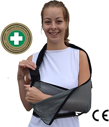 Arm Sling Ultra Comfort Sporty Style Adult Easy ONE Size Adjustable fit. Light, Soft Feel, Airflow, Reversible L/R arm. Waist Strap secures arm to Body. Unisex. (Grey/Reflective Trim)