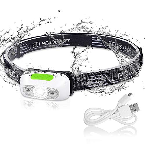 Wiederaufladbare Stirnlampe, leicht, mit eingebautem Akku, 30 Stunden Laufzeit, Bewegungssensor, wasserdicht, 5 Modi, verstellbares Stirnband für Läufer, Angeln, für Erwachsene und Kinder