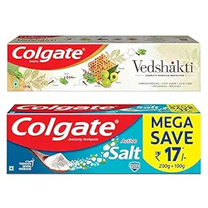 Colgate Swarna Vedshakti Toothpaste - 200gm with Colgate Active Salt Toothpaste, 300gm (Saver Pack)