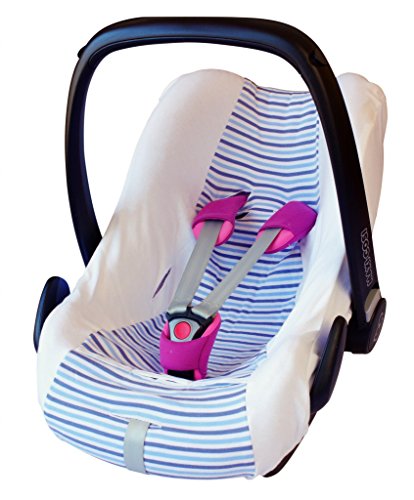 Preisvergleich Produktbild ByBoom® - Universal Sommerbezug, Schonbezug aus 100% Baumwolle mit Streifen für Babyschale, Autositz, z.B. Maxi Cosi CabrioFix, City, Pebble; Designed in Germany, MADE IN EU, Farbe:Weiss / Streifen-Blau