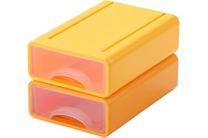 OSteed Stackable Desk Organiser Drawers, 2 Small Plastic Storage Drawer Units, Compact Desktop Storage Drawers, Stationary Organiser, Craft Drawers for Bathroom, Dorm & Office, Yellow & Orange