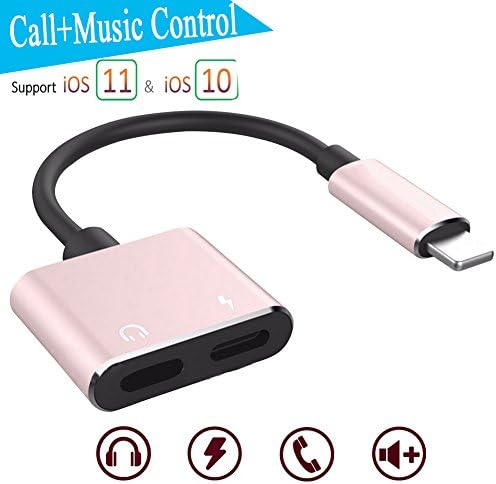 Dual Lightning Headphone Adapter &amp; Splitter,Lightning Adapter for iPhoneX/ 10iPhone 7/7 PLUS/8/8 PLUS,Earphone Aux Adaptor and Charging Cable Converter,Headphone Audio Cable + Charger Port for iPhone,Support Control Volume+Call+Charge (Supports IOS 10.3/11 Or later) (pink-black)