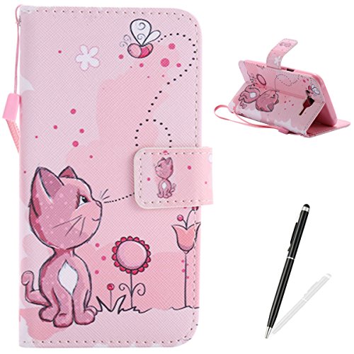 Feeltech Samsung Galaxy J5/J5 2015 Hülle PU-Leder und Brieftasche Bunte Muster Fall mit Magnetverschluss, Hybrid-Kickstand mit Stand-Funktion, schlagen Sie schützende weiche TPU Stoßstangenabdeckung und Kreditkartenhalter für Samsung Galaxy J5/J5 2015 Handgelenk Bügel-Buch-Art-Geldbeutel-Tasche mit 2 In 1 Berühren Sie Stift - Rosa Katze